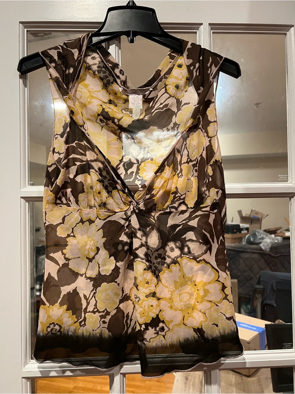 Rebecca Taylor Brown and Yellow Floral Twist-Front Camisole